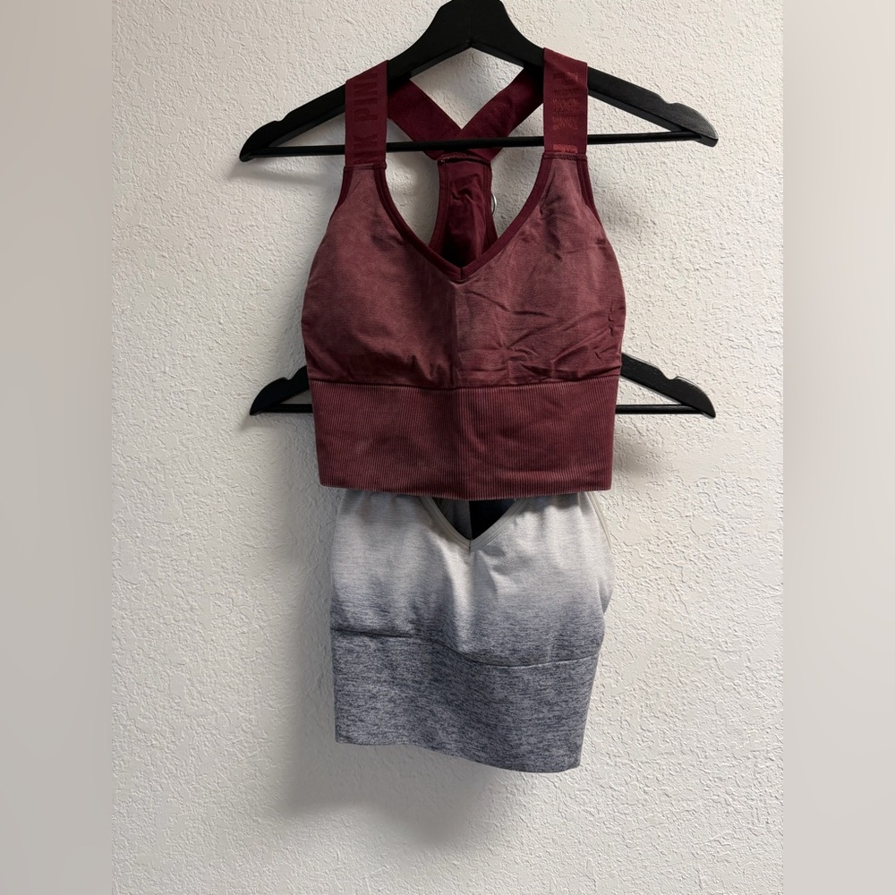 Victoria Secret Seamless Women's Maroon Mark and Gray Space Dye Sports Bra Set L